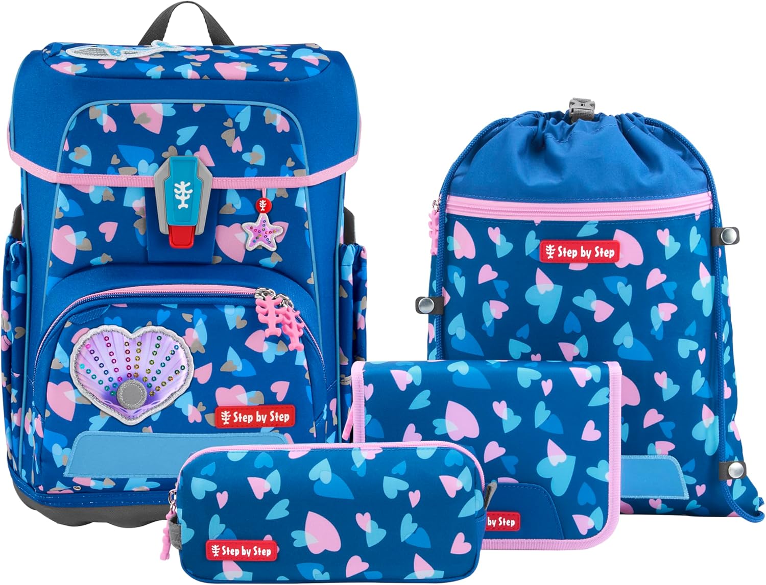 Step by Step Cloud Reflect School Bag Set, 5 Pieces, Ergonomic Satchel with Reflectors, Height Adjustable with Waist Belt for Boys from 1st Grade, 19 L, Seashell Pearl - Blue-Pink