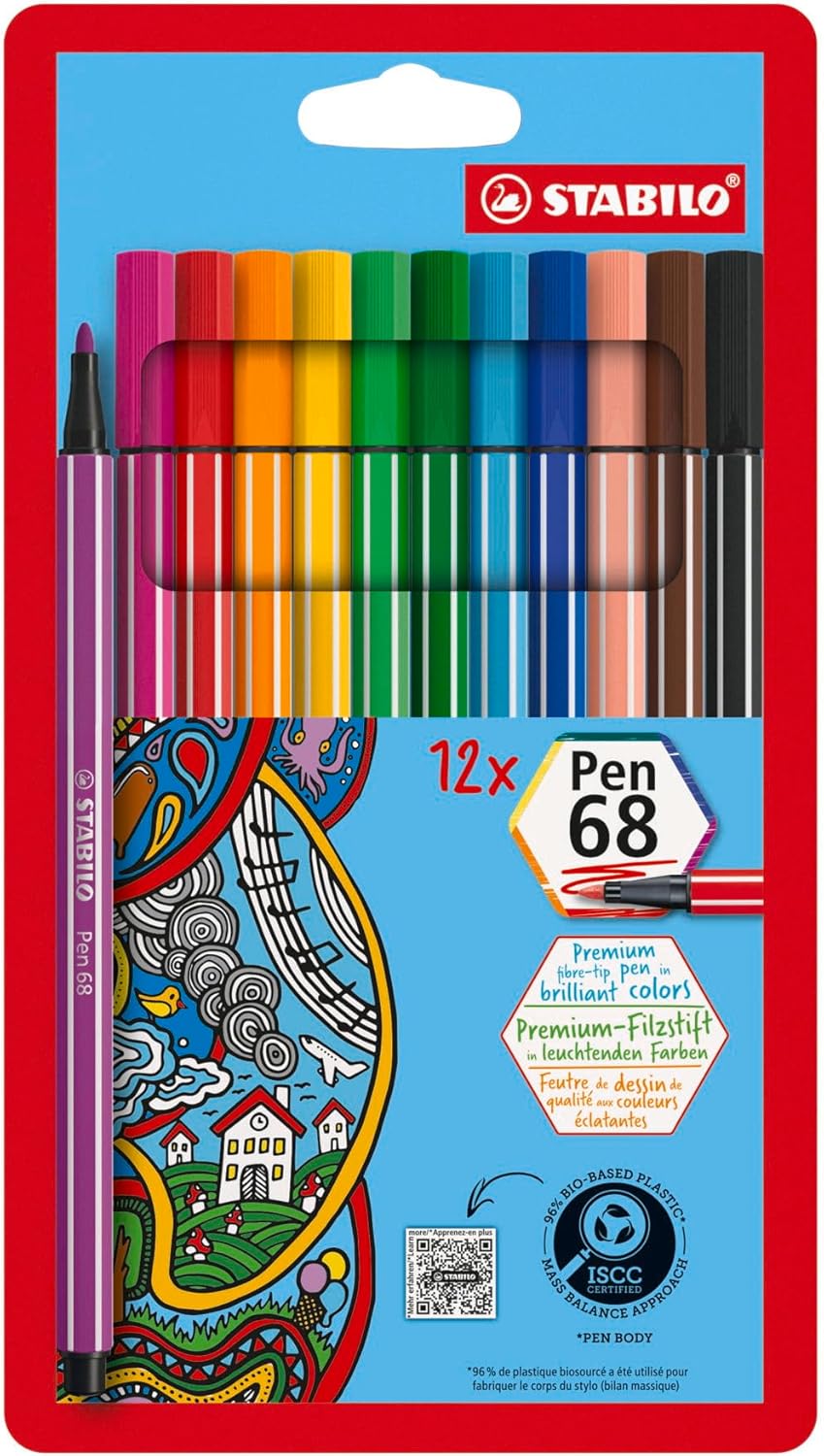 Premium Felt Tip Pen - STABILO Pen 68 - Wallet of 12 - Assorted Colours