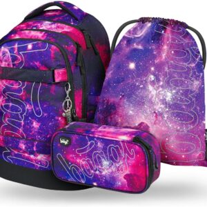 Baagl School Backpack Set Boys Girls Teenagers 3 Pieces Skateboard Backpack Skate MAX School Bag from 3rd Grade, Primary School Satchel with Chest Strap, Ergonomic School Bag, 30 L, Galaxy, School