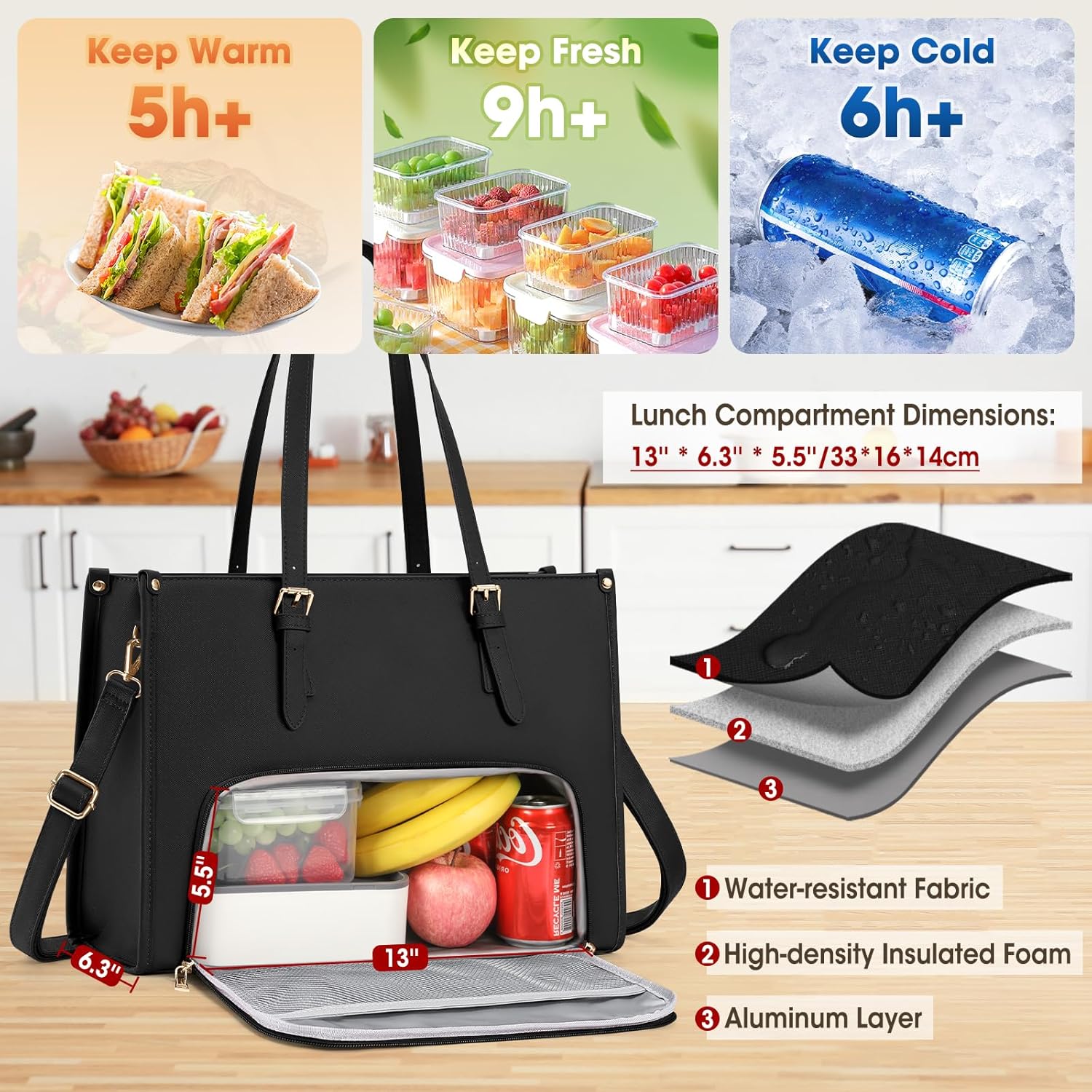 RAINSMORE Women's Laptop Bag with Insulated Lunch Compartment 15.6 Inch Handbag Women's Large PU Leather Work Bag Briefcase Waterproof Shoulder Bag for Work School, Black, brown, white – Bild 3