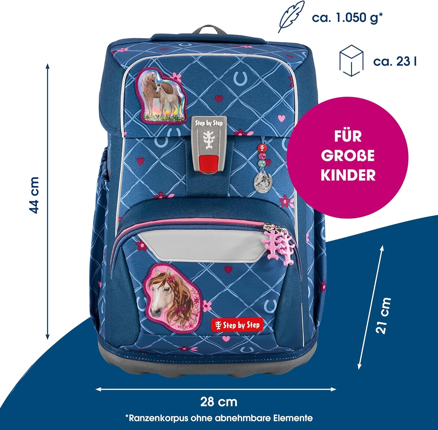 Step by Step Giant Horse Lima School Bag Set, Blue, Ergonomic Satchel with Reflectors, Height Adjustable with Hip and Chest Strap, for Girls from 1st Grade, 23 Litres – Bild 2