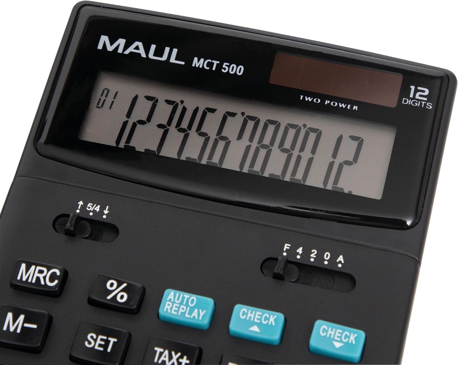 MAUL Commercial Calculator MCT 500 | Calculator with Commercial Functions and 12-Digit Display | Large Angled Display | Includes Tax Calculation | Solar/Battery | Black – Bild 3