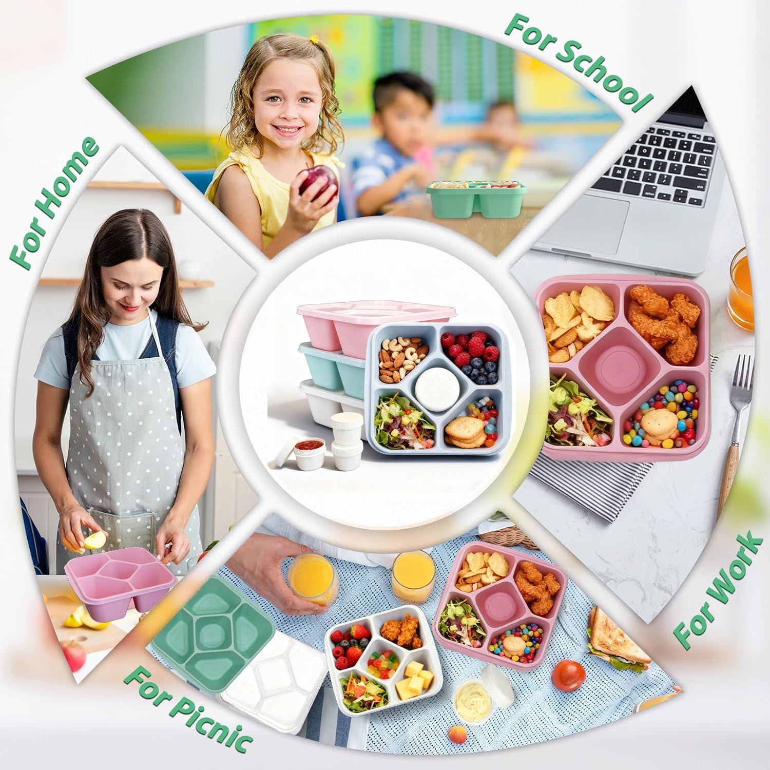 Snack Box with 5 Compartments, 4 Leak-Proof Salad Containers, With Transparent Lid BPA Free, Dishwasher Safe. Perfect as Meal Prep Boxes. For Adults and Children – Bild 6