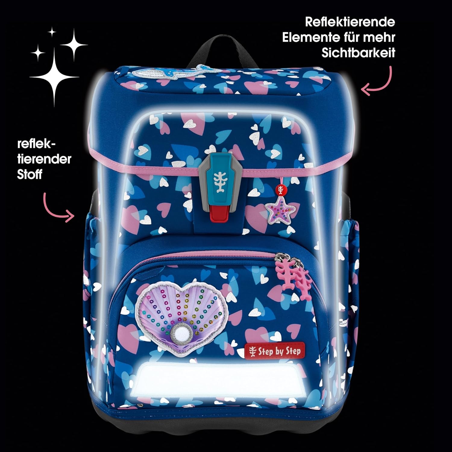 Step by Step Cloud Reflect School Bag Set, 5 Pieces, Ergonomic Satchel with Reflectors, Height Adjustable with Waist Belt for Boys from 1st Grade, 19 L, Seashell Pearl - Blue-Pink – Bild 8