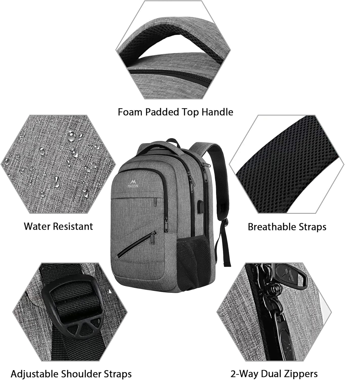 MATEIN Laptop Backpack Men's 17 Inch Large Waterproof Backpack Men's Travel Bag Work Business School Backpack with USB Charging Port, Anti Theft TSA Backpack Teenager Daypack, Grey – Bild 6