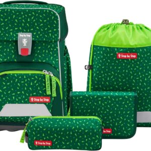 Step by Step Basis Green Graphics School Bag Set, 4 Pieces, Green, Ergonomic Satchel with Reflectors, Hip and Chest Strap, for Children from 1st Grade, 20 Litres