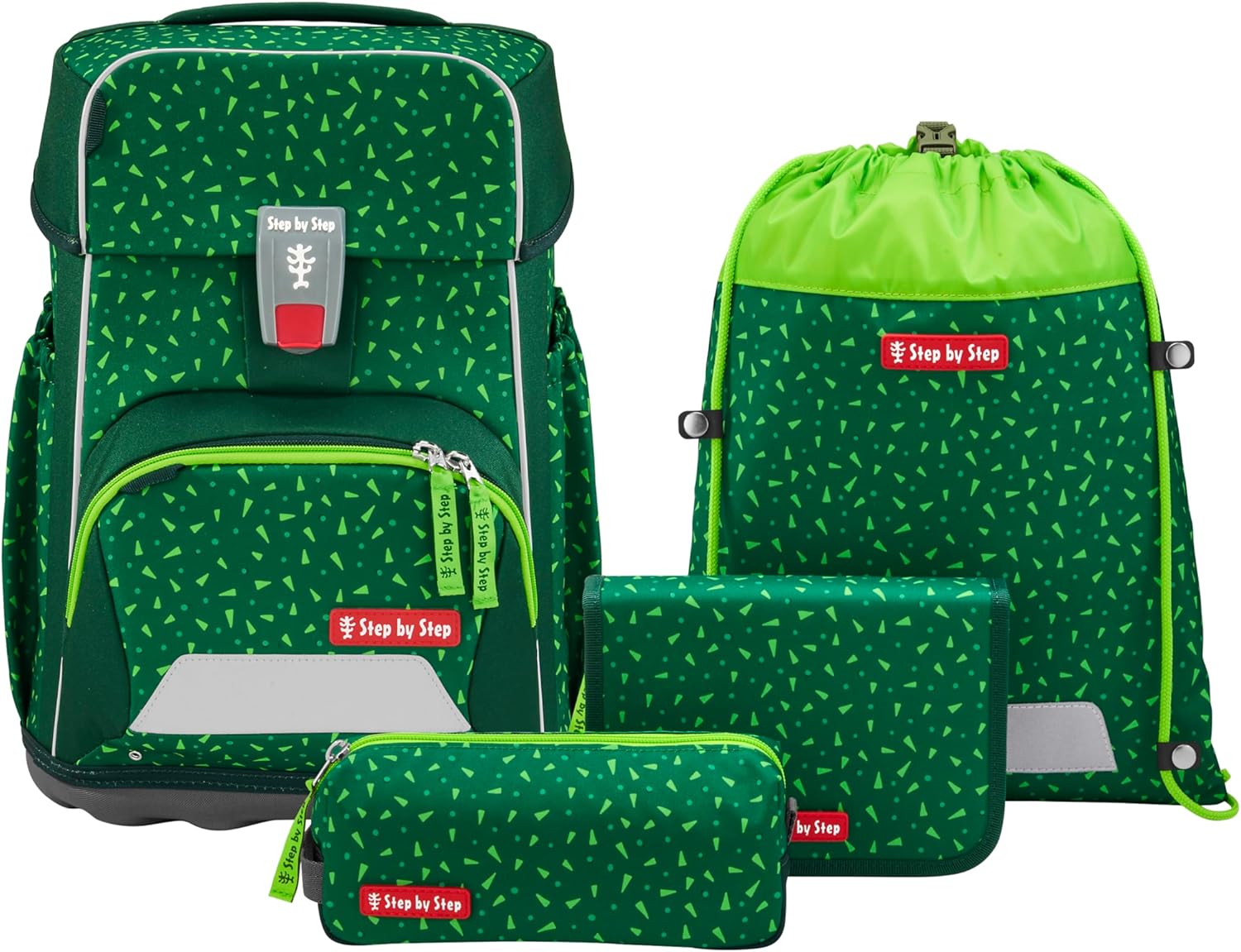 Step by Step Basis Green Graphics School Bag Set, 4 Pieces, Green, Ergonomic Satchel with Reflectors, Hip and Chest Strap, for Children from 1st Grade, 20 Litres