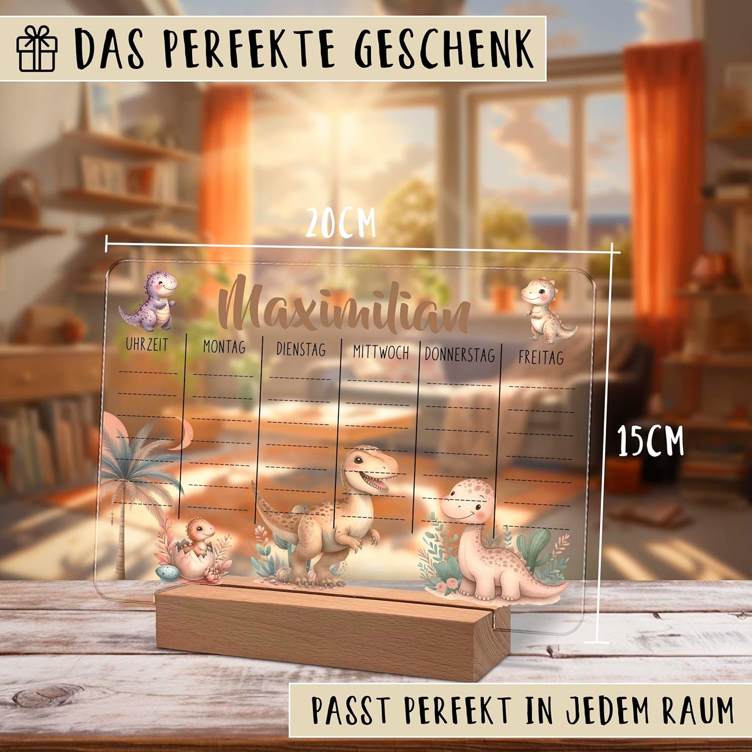 Personalised Acrylic Glass Timetable 20 x 15 cm with Name Optional LED Wooden Base Warm White Gift for Starting School Primary School Dino – Bild 5