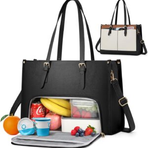 RAINSMORE Women's Laptop Bag with Insulated Lunch Compartment 15.6 Inch Handbag Women's Large PU Leather Work Bag Briefcase Waterproof Shoulder Bag for Work School, Black, brown, white