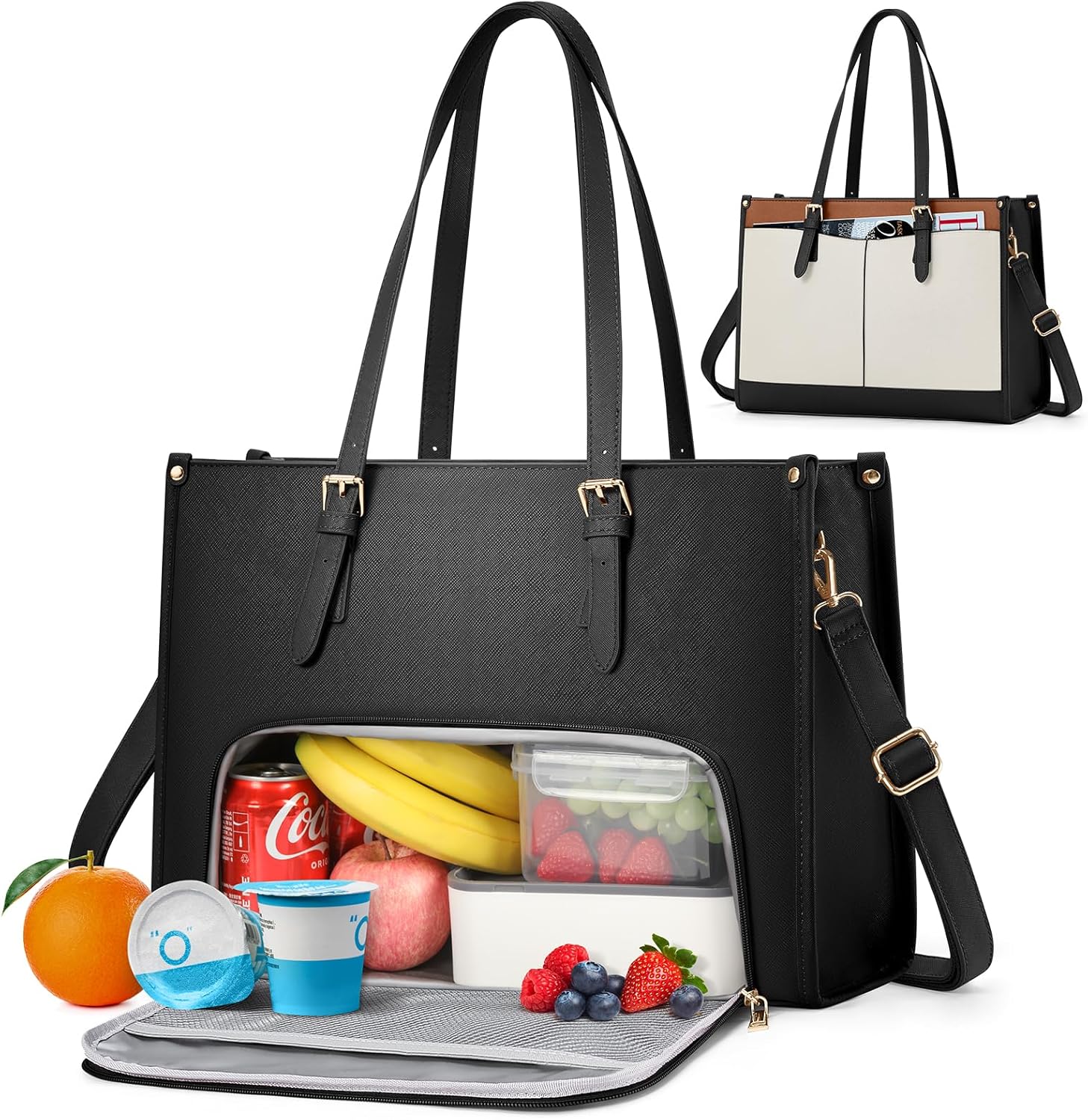 RAINSMORE Women's Laptop Bag with Insulated Lunch Compartment 15.6 Inch Handbag Women's Large PU Leather Work Bag Briefcase Waterproof Shoulder Bag for Work School, Black, brown, white