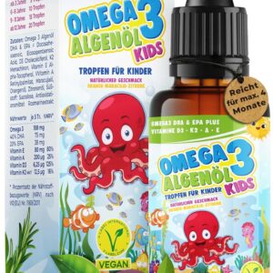 Omega-3 Kids Algae Oil Plus Drops for Children - 40% DHA & 20% EPA with Vitamin D3 + K2 + A + E - Naturally Sweet Taste with Passion Fruit, Orange and Lemon Oil - Vegan (20 ml = up to 4 Month Supply)