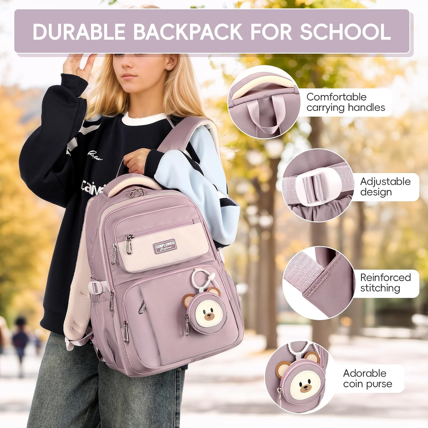School Backpack Teenager Backpack Girls School Bag for 3rd 5th Grade, 40L Large Children's Backpack with Cute Coin Purse for 9-18 Years, Casual Daypack with Trolley Strap - Purple – Bild 2