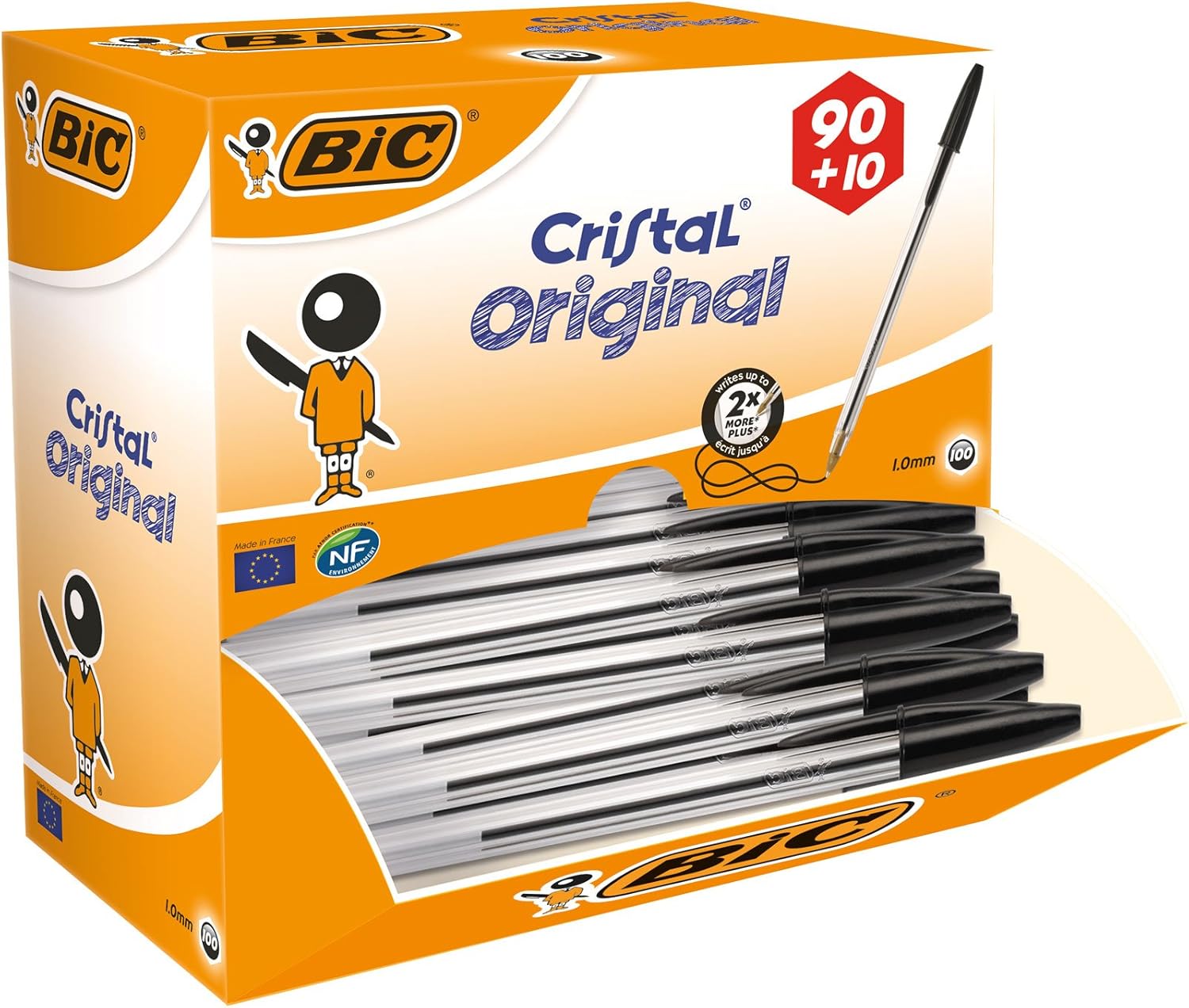 BIC Cristall Retractable Ballpoint Pen – Clear Barrel – 1 mm Tip – 0.4mm Line Width – Pack of 100, Black
