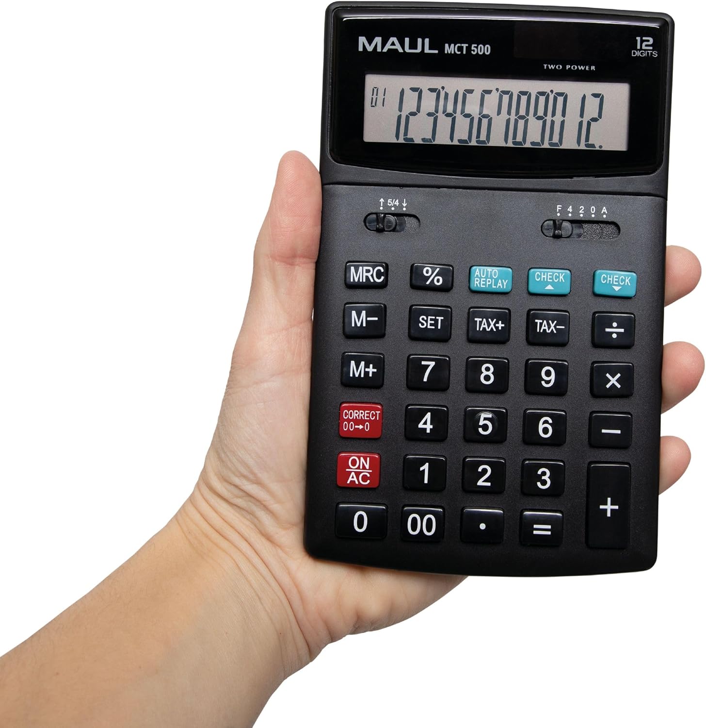 MAUL Commercial Calculator MCT 500 | Calculator with Commercial Functions and 12-Digit Display | Large Angled Display | Includes Tax Calculation | Solar/Battery | Black – Bild 2