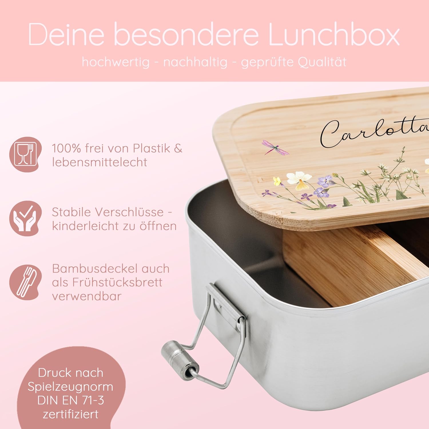 Personalised Lunch Box for Children with Special Print - Robust Stainless Steel Lunch Box - Personalised Gifts for Children and Adults (Flower Meadow, Small Tinplate) – Bild 4