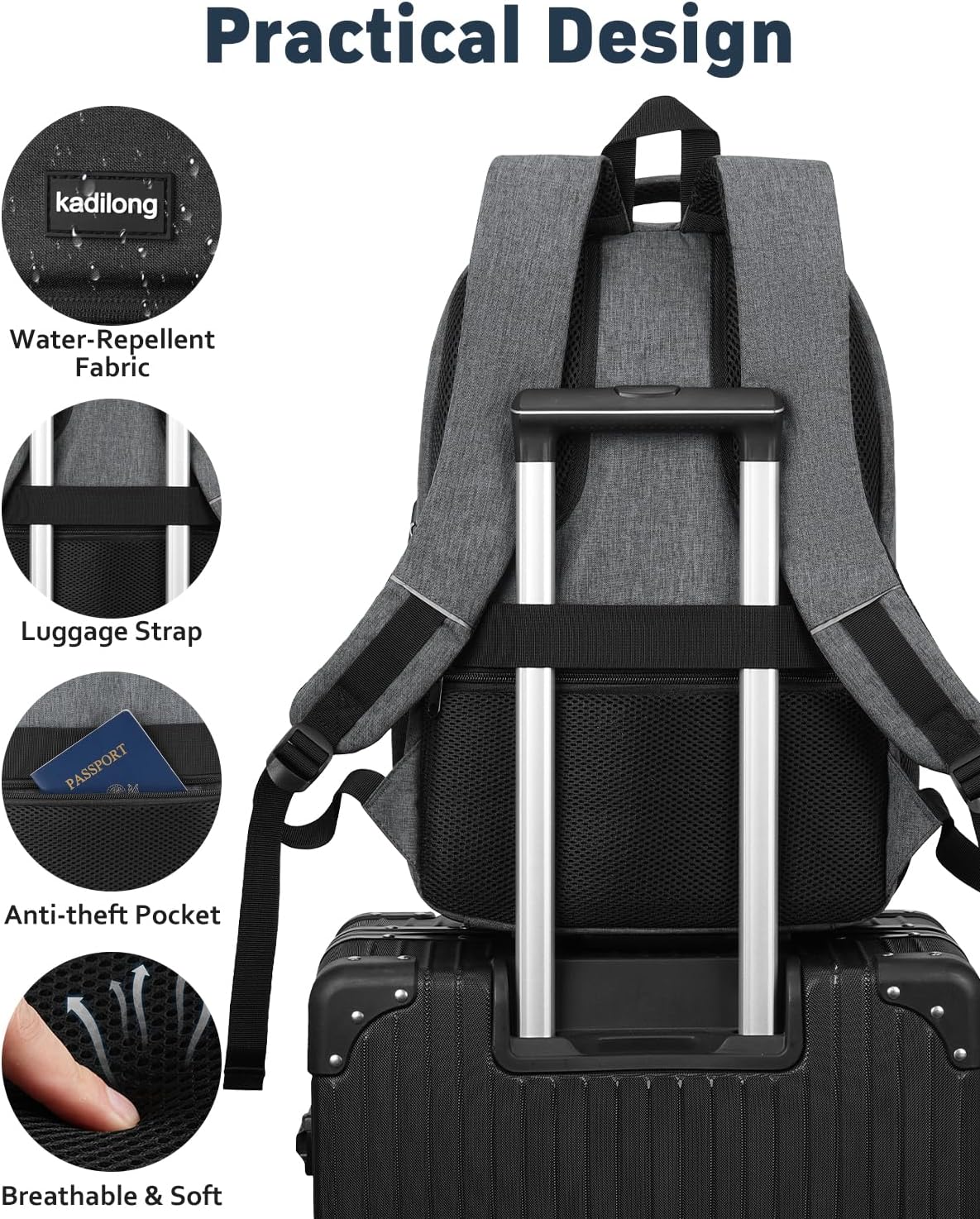 Men's 15.6 Inch Laptop School Backpack Boys Teenager Backpack School Bag for Work Hiking Travel Camping with USB Charging Port – Bild 3