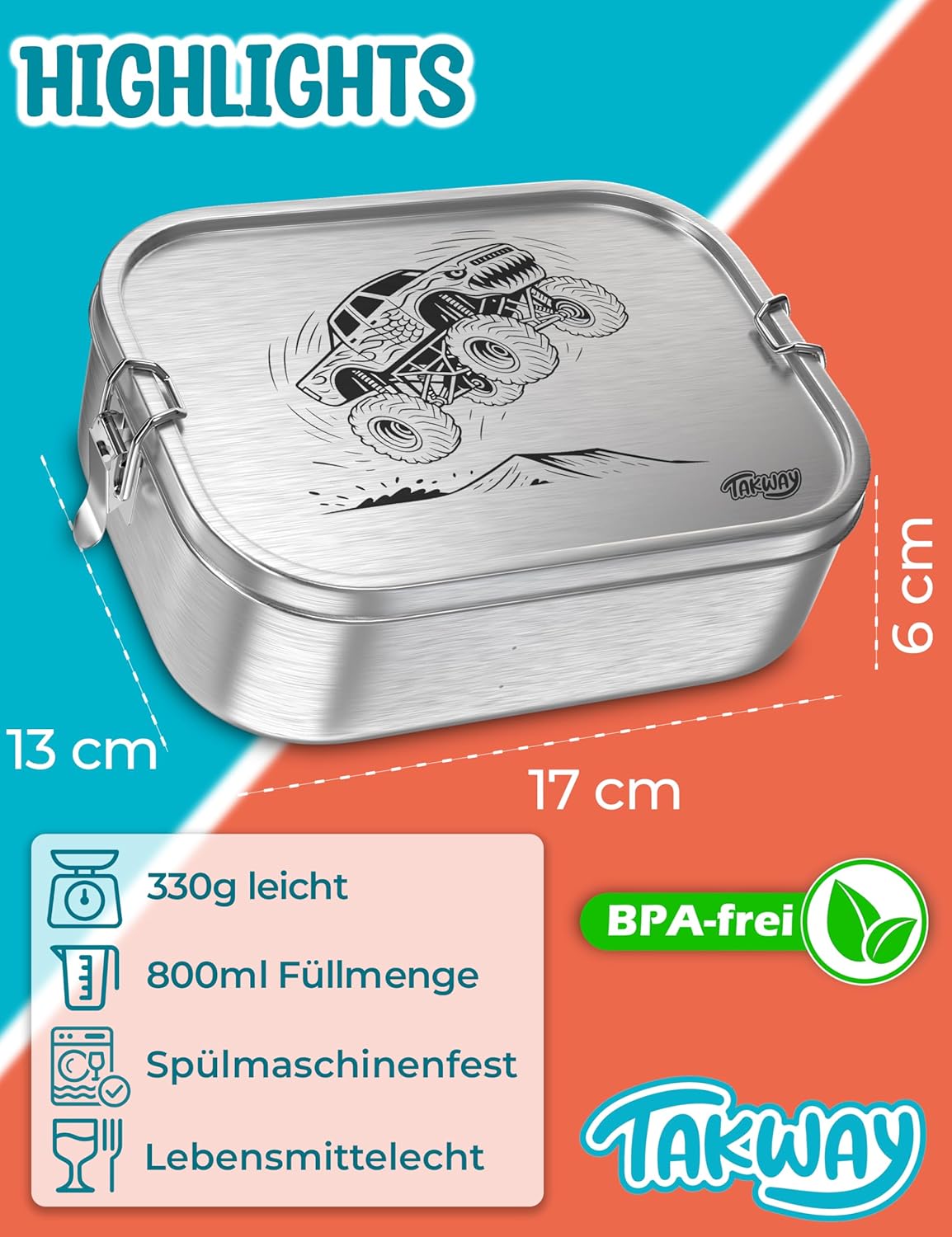 Children's Stainless Steel Lunch Box with Compartments, 800 ml, Leak-Proof, Bento Box with Divisions, Variable, Lunch Box, Nursery School (PH2, 3 Compartments) – Bild 2
