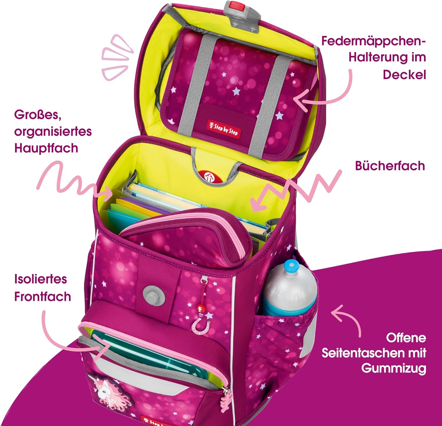Step by Step Giant Sweet Unicorn Nuala School Bag Set, 5 Pieces, Pink, Ergonomic Satchel with Reflectors, Height Adjustable with Hip and Chest Strap, for Girls from 1st Grade, 23 Litres – Bild 5