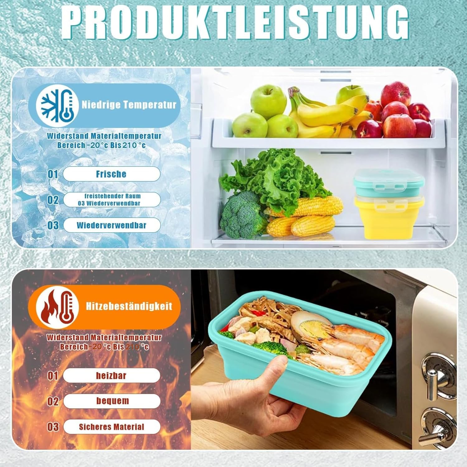 Foldable Lunch Box, Set of 2, 800 ml, Foldable Tupperware Set, Silicone Food Storage Containers with Lid for Food Storage, Meal Prep Boxes – Bild 7