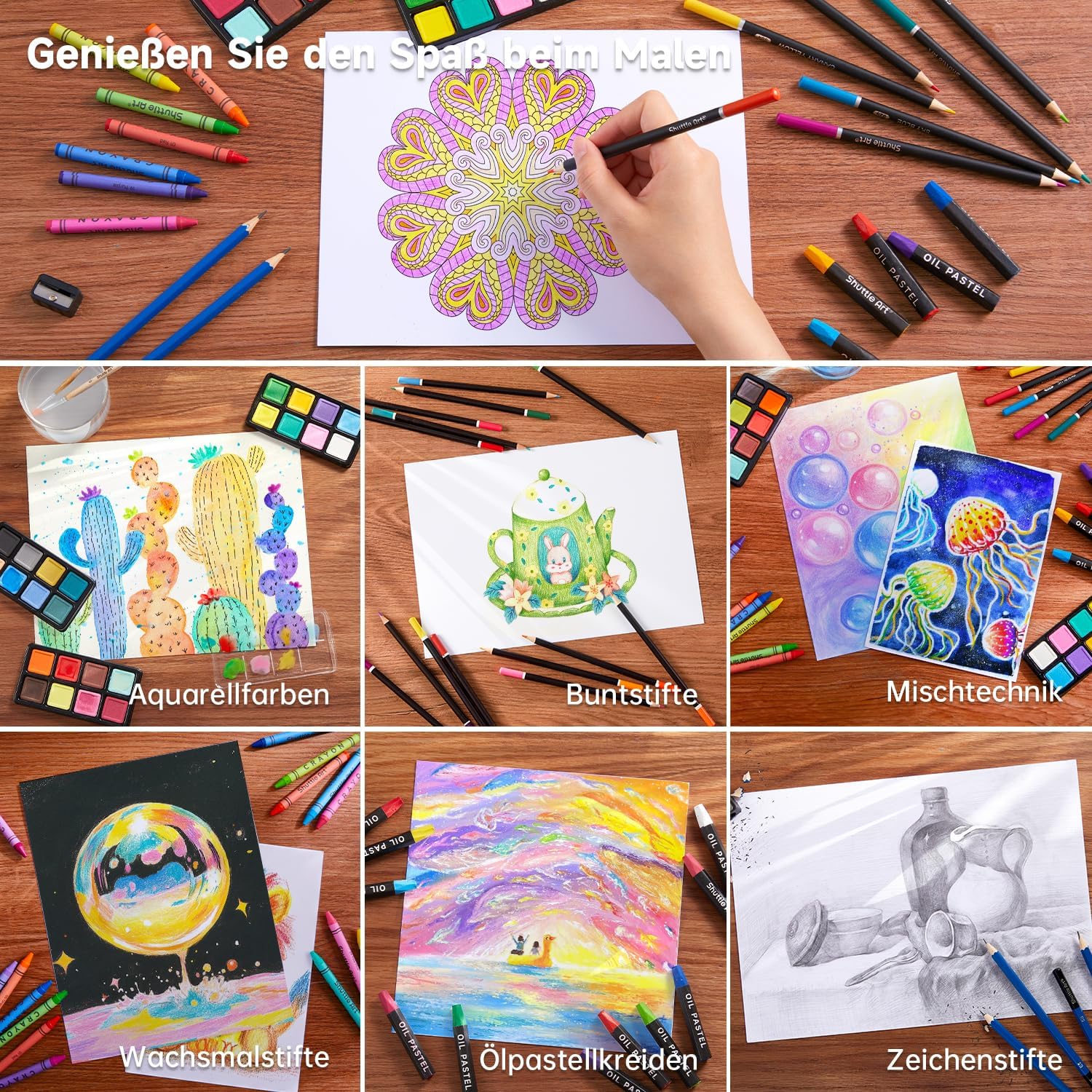 Shuttle Art 106 Piece Painting Set, Deluxe Painting Case with Colouring Pencil, Oil Pastel, Watercolour Paints, Wax Crayons, Colouring Book, Watercolour Pad, Wooden Case, Artist Case, Painting Set for Children and Adults – Bild 4