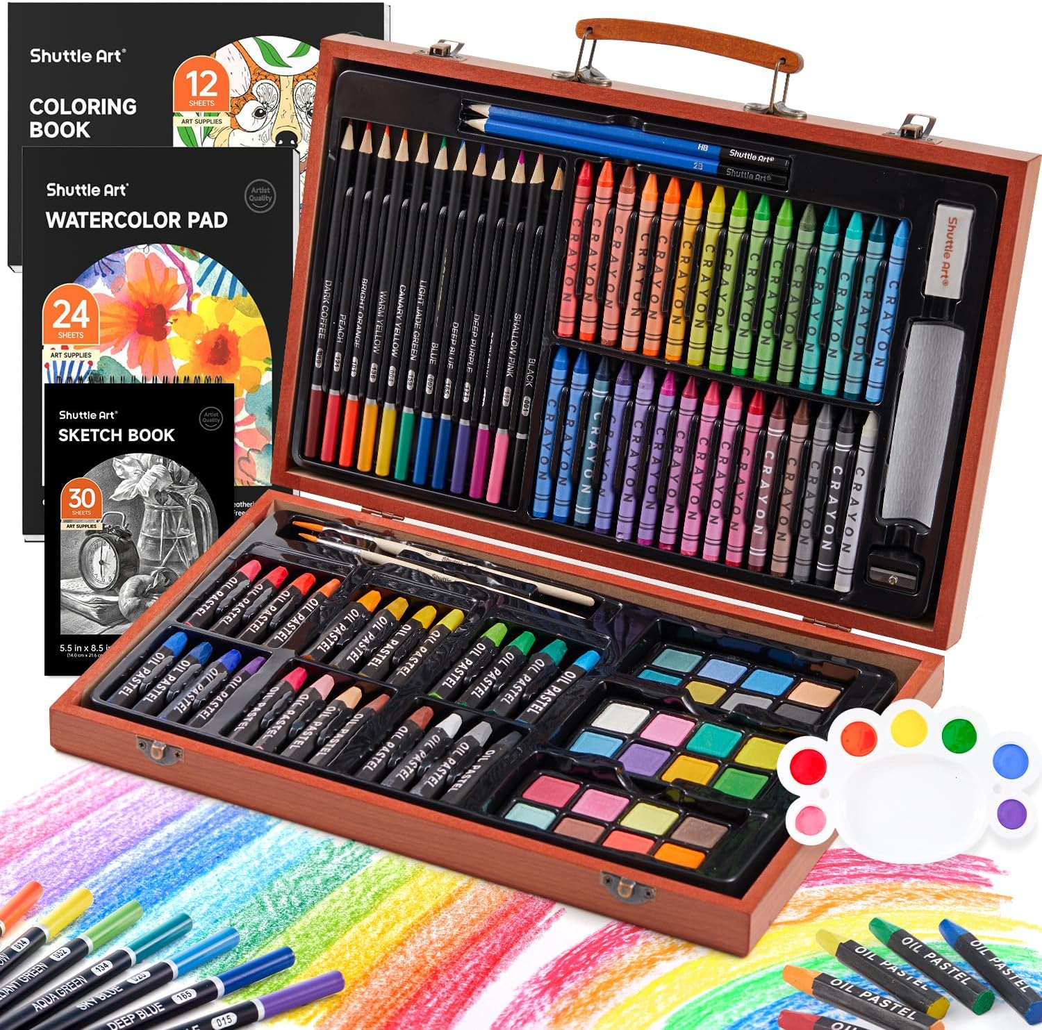 Shuttle Art 106 Piece Painting Set, Deluxe Painting Case with Colouring Pencil, Oil Pastel, Watercolour Paints, Wax Crayons, Colouring Book, Watercolour Pad, Wooden Case, Artist Case, Painting Set for Children and Adults