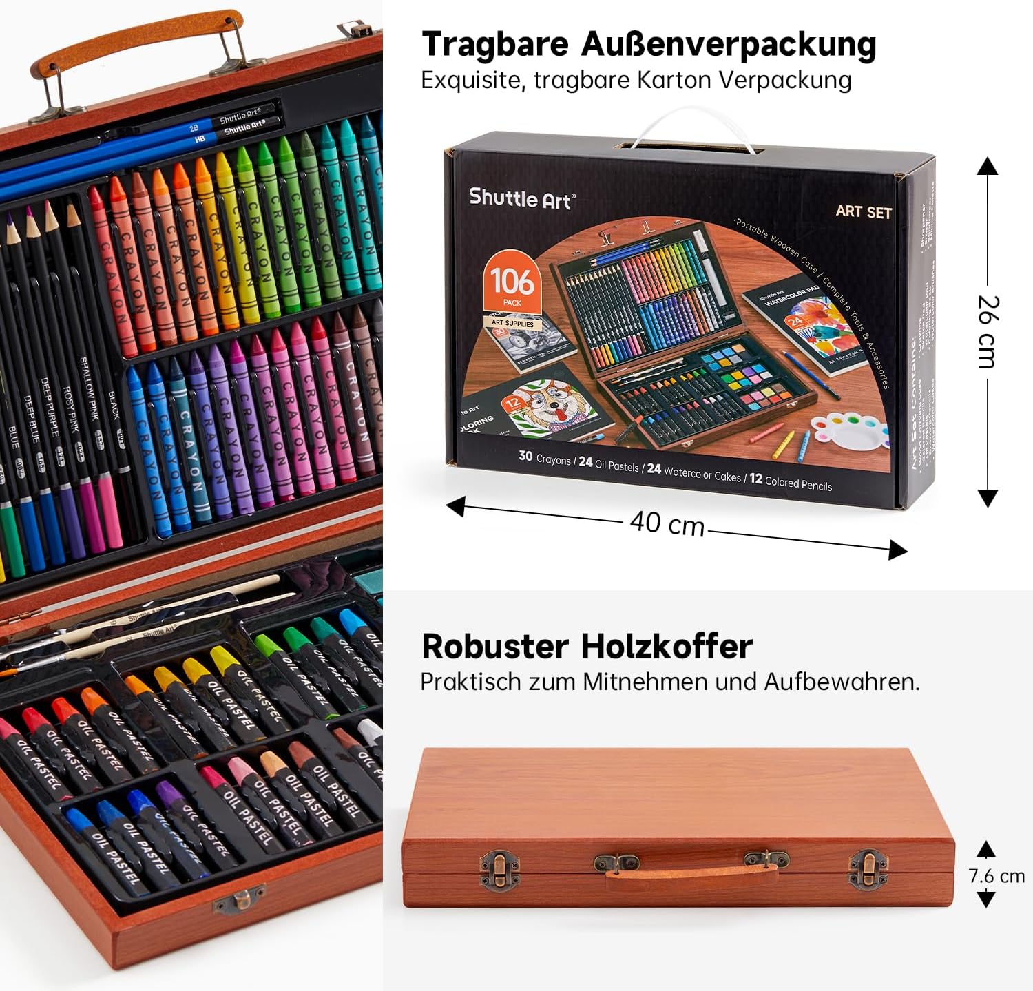 Shuttle Art 106 Piece Painting Set, Deluxe Painting Case with Colouring Pencil, Oil Pastel, Watercolour Paints, Wax Crayons, Colouring Book, Watercolour Pad, Wooden Case, Artist Case, Painting Set for Children and Adults – Bild 7