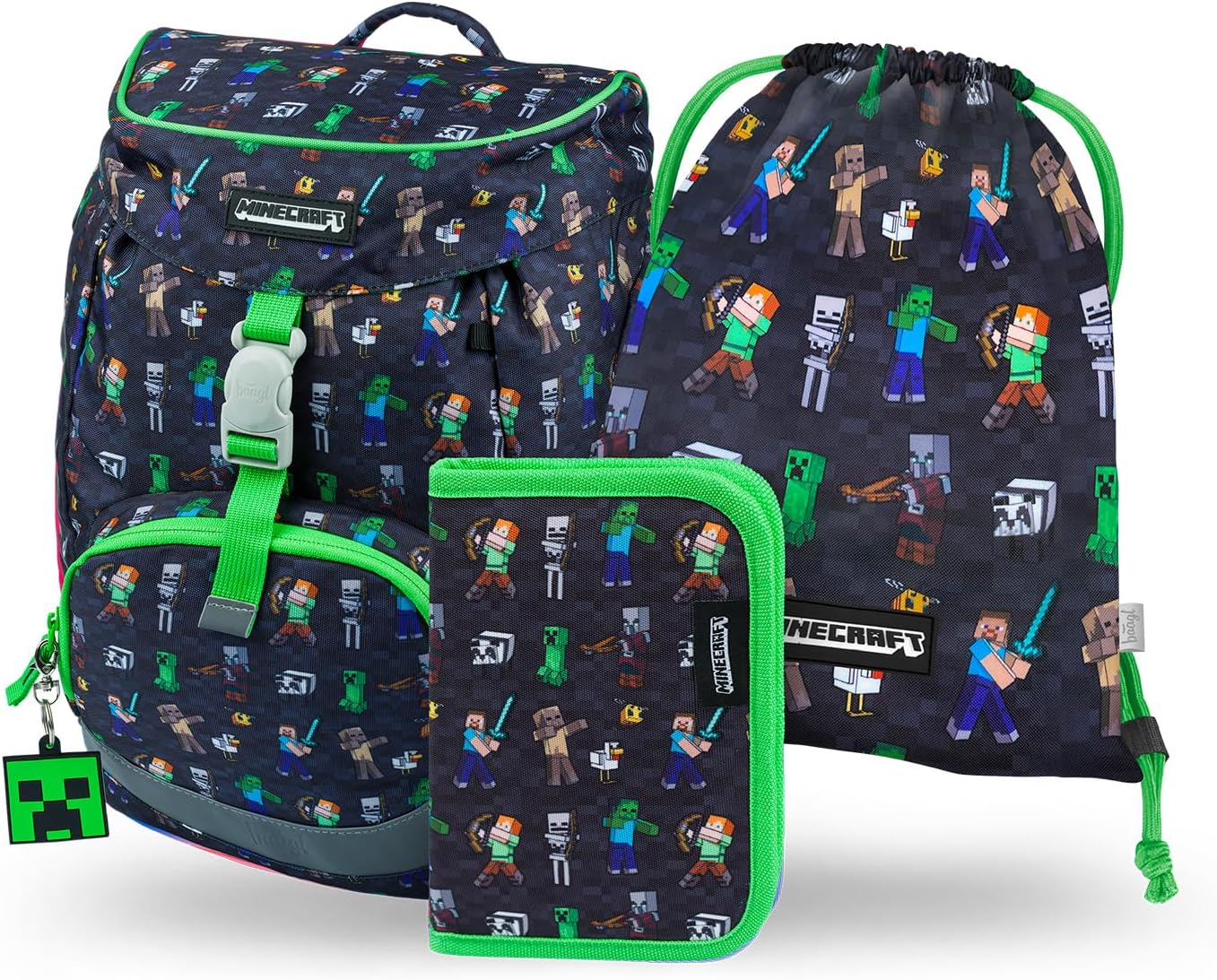 Baagl School Bag Boys for 1st Grade, Airy School Bag Set 3 Pieces, Primary School Backpack for Kids, Satchel for School, Satchel, Minecraft, M, backpack set