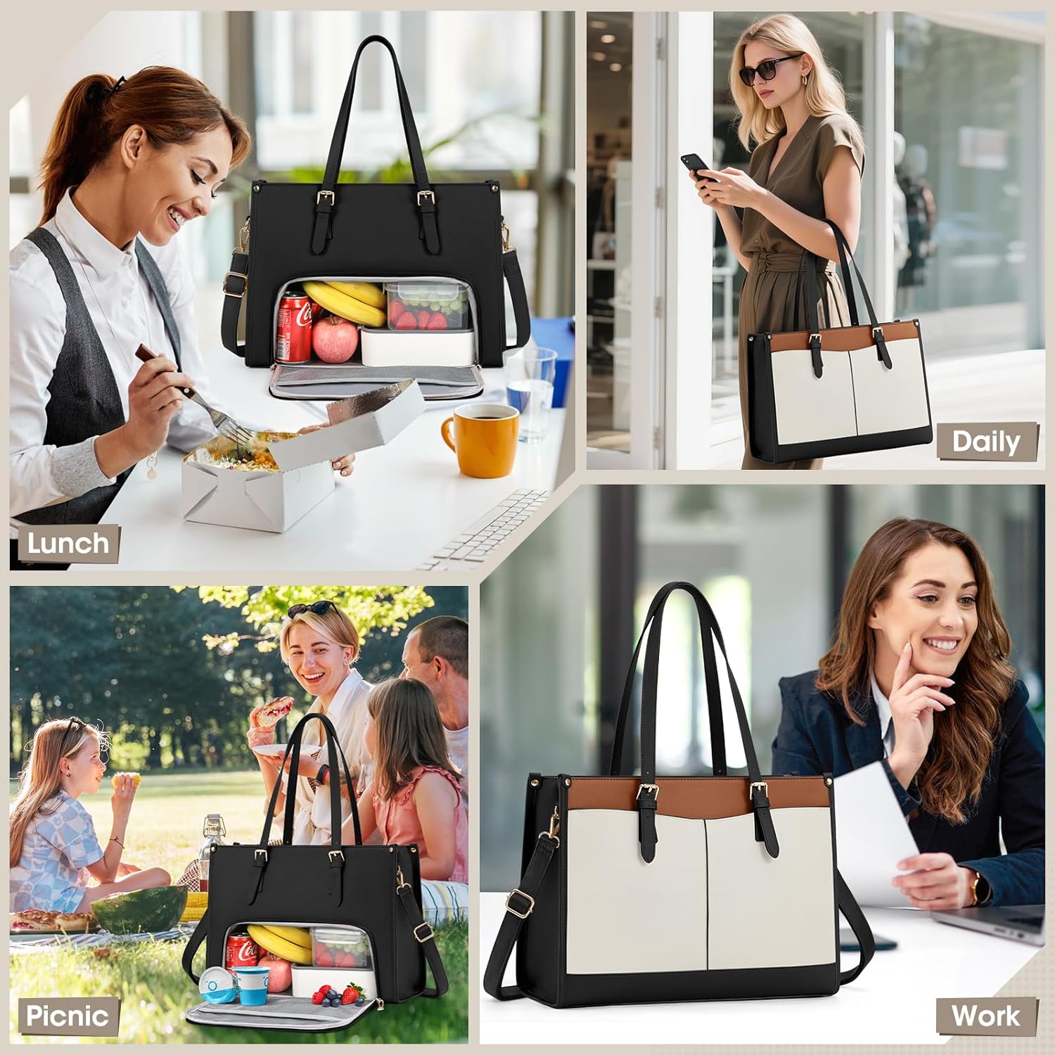 RAINSMORE Women's Laptop Bag with Insulated Lunch Compartment 15.6 Inch Handbag Women's Large PU Leather Work Bag Briefcase Waterproof Shoulder Bag for Work School, Black, brown, white – Bild 7