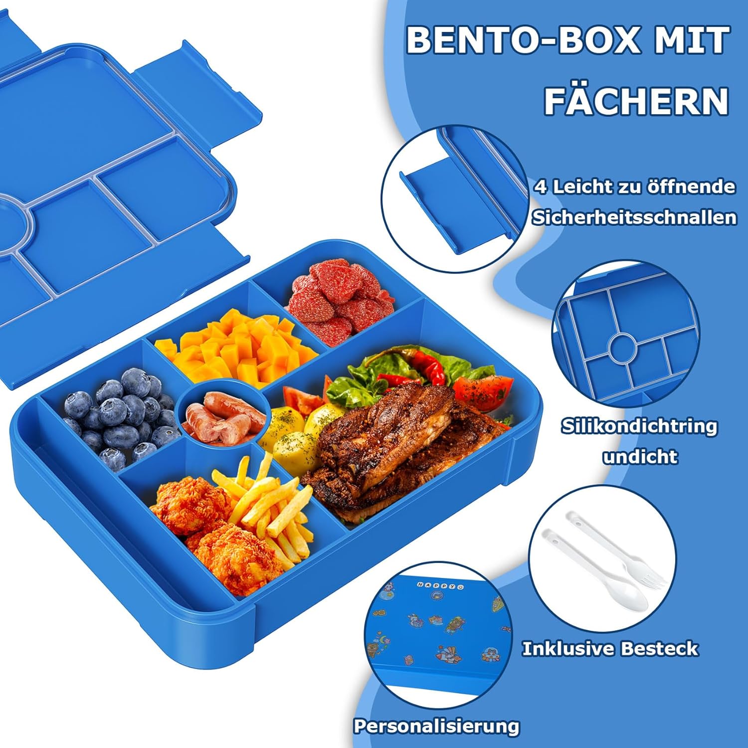 Children's Lunch Box with Compartments, 1350 ml, Leak-Proof Bento Box is Microwave and Freezer Safe, Adult Lunch Box, Snack Box (Blue) – Bild 2