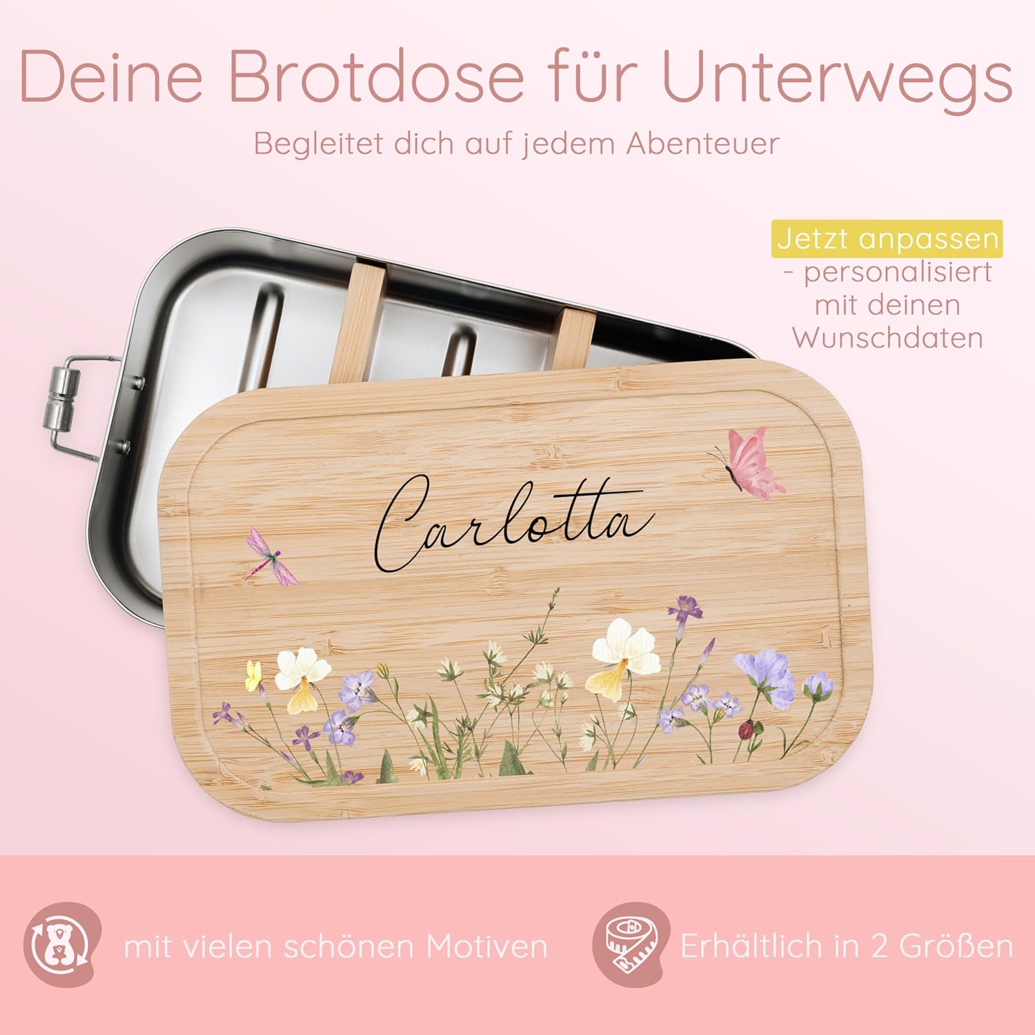 Personalised Lunch Box for Children with Special Print - Robust Stainless Steel Lunch Box - Personalised Gifts for Children and Adults (Flower Meadow, Small Tinplate) – Bild 6