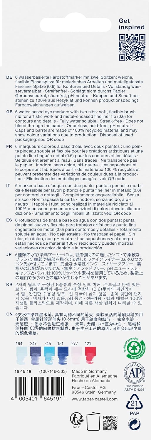 Faber-Castell Goldfaber Aqua Dual Marker Sea 164519 with Brush Tip and Fineliner Tip Pack of 6 – Bild 2