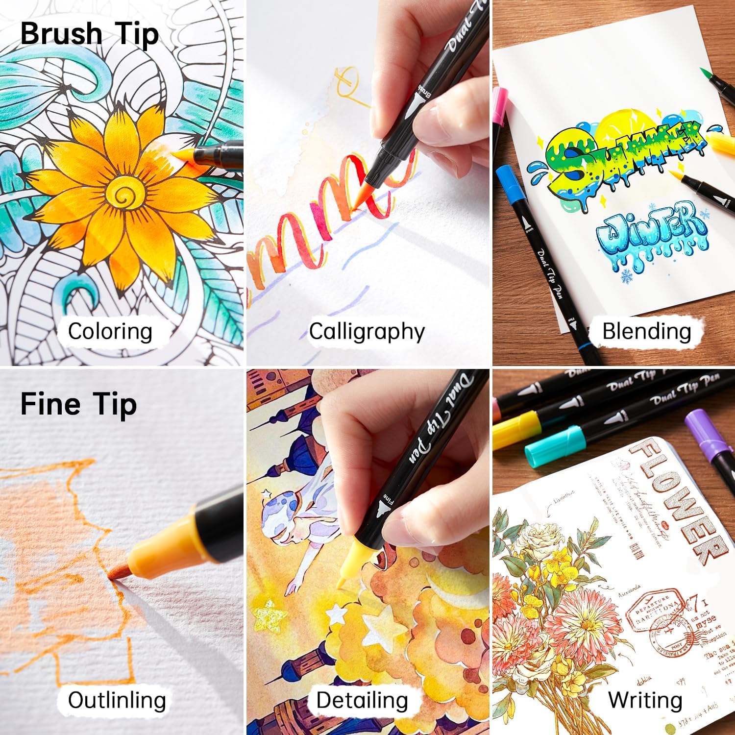 Shuttle Art Dual Brush Pen Set, 30 Double-Sided Brush Pens, Felt Tip Pens, Thick and Thin, Watercolour Pens with Colouring Book for Children, Felt Pens for Adults for Painting, Hand Lettering, – Bild 6