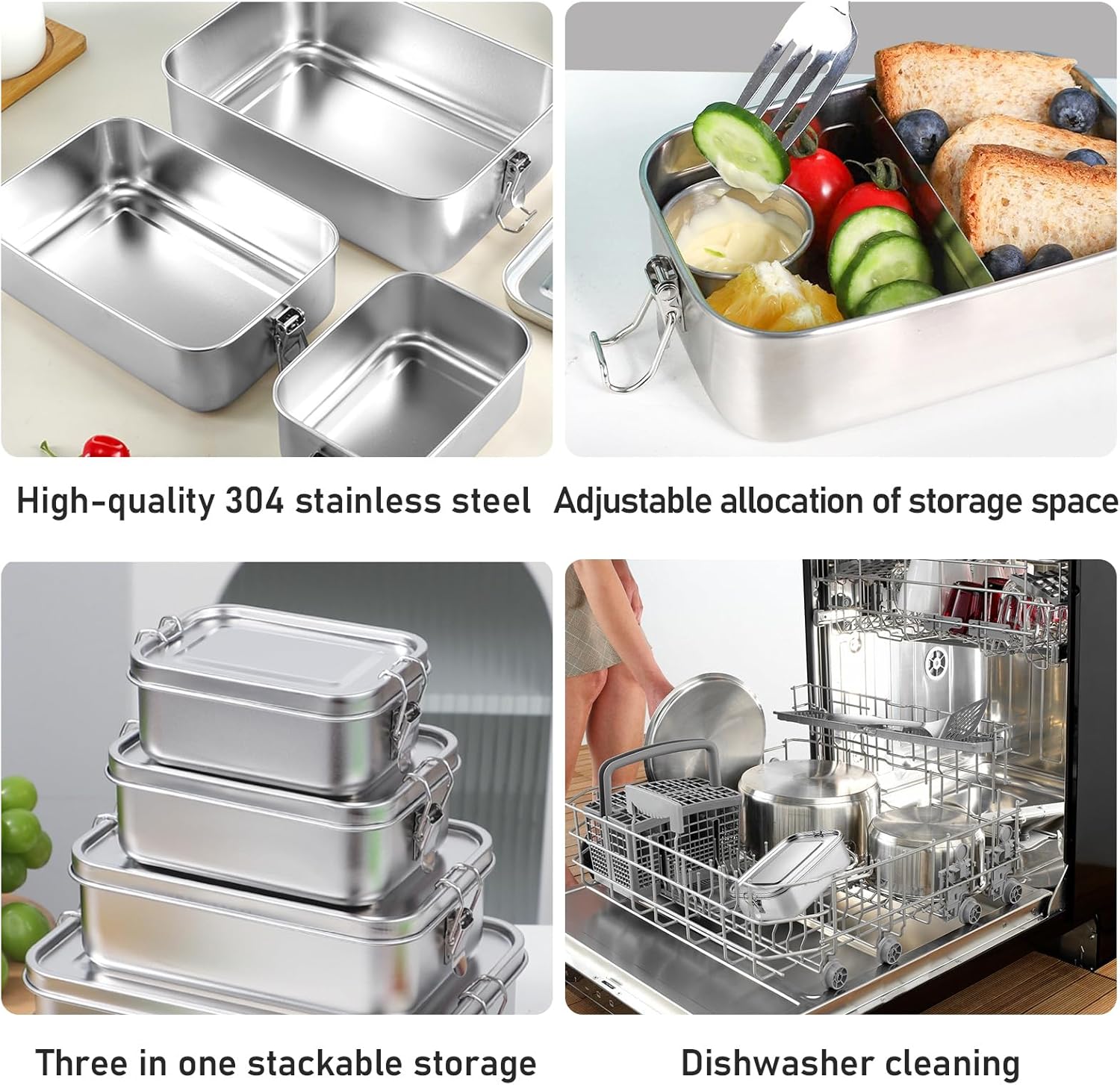 Stainless Steel Lunch Box, Pack of 3, Lunch Box, Leak-Proof Lunch Box with Compartments and Sealing Ring in Volumes 2400 ml, 1400 ml and 850 ml, 304 Steel Bento Boxes for School, Work – Bild 5
