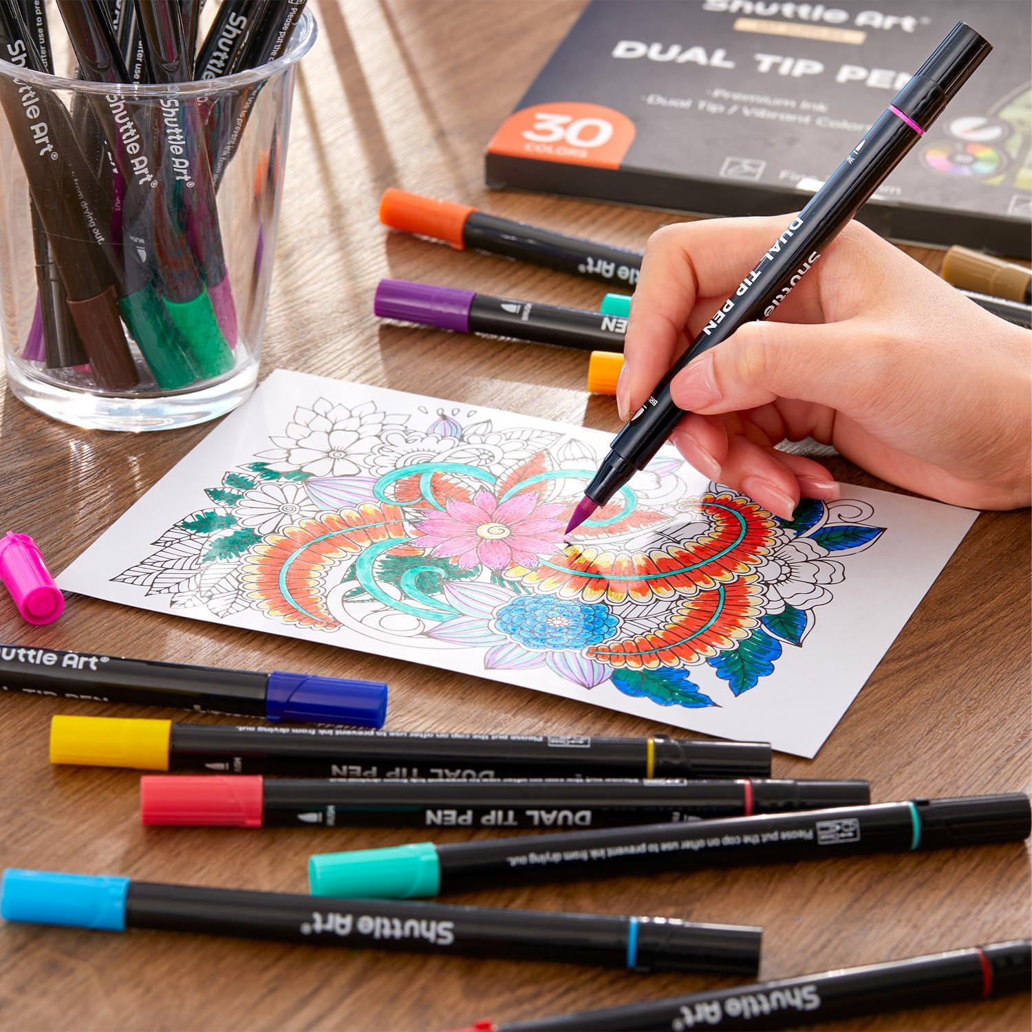 Shuttle Art Dual Brush Pen Set, 30 Double-Sided Brush Pens, Felt Tip Pens, Thick and Thin, Watercolour Pens with Colouring Book for Children, Felt Pens for Adults for Painting, Hand Lettering, – Bild 7