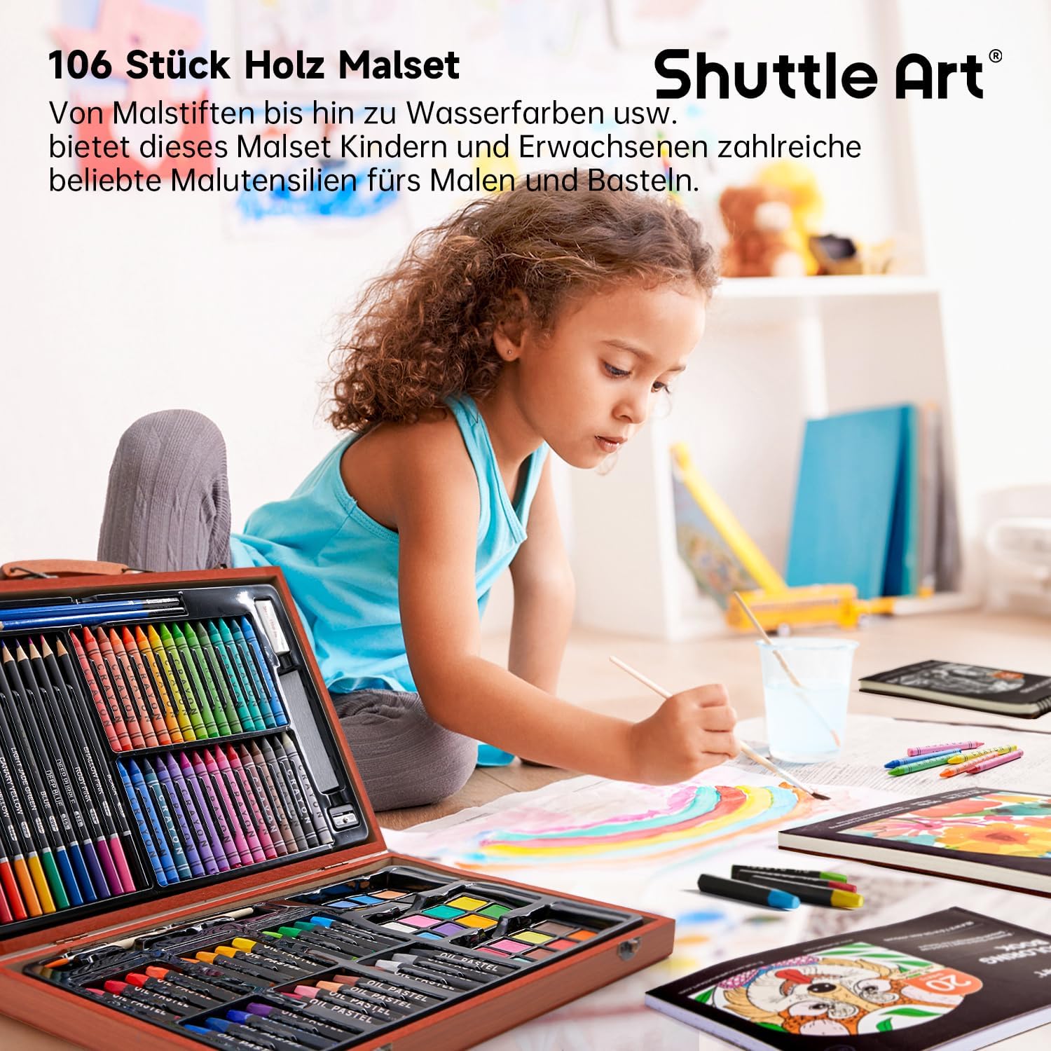 Shuttle Art 106 Piece Painting Set, Deluxe Painting Case with Colouring Pencil, Oil Pastel, Watercolour Paints, Wax Crayons, Colouring Book, Watercolour Pad, Wooden Case, Artist Case, Painting Set for Children and Adults – Bild 5