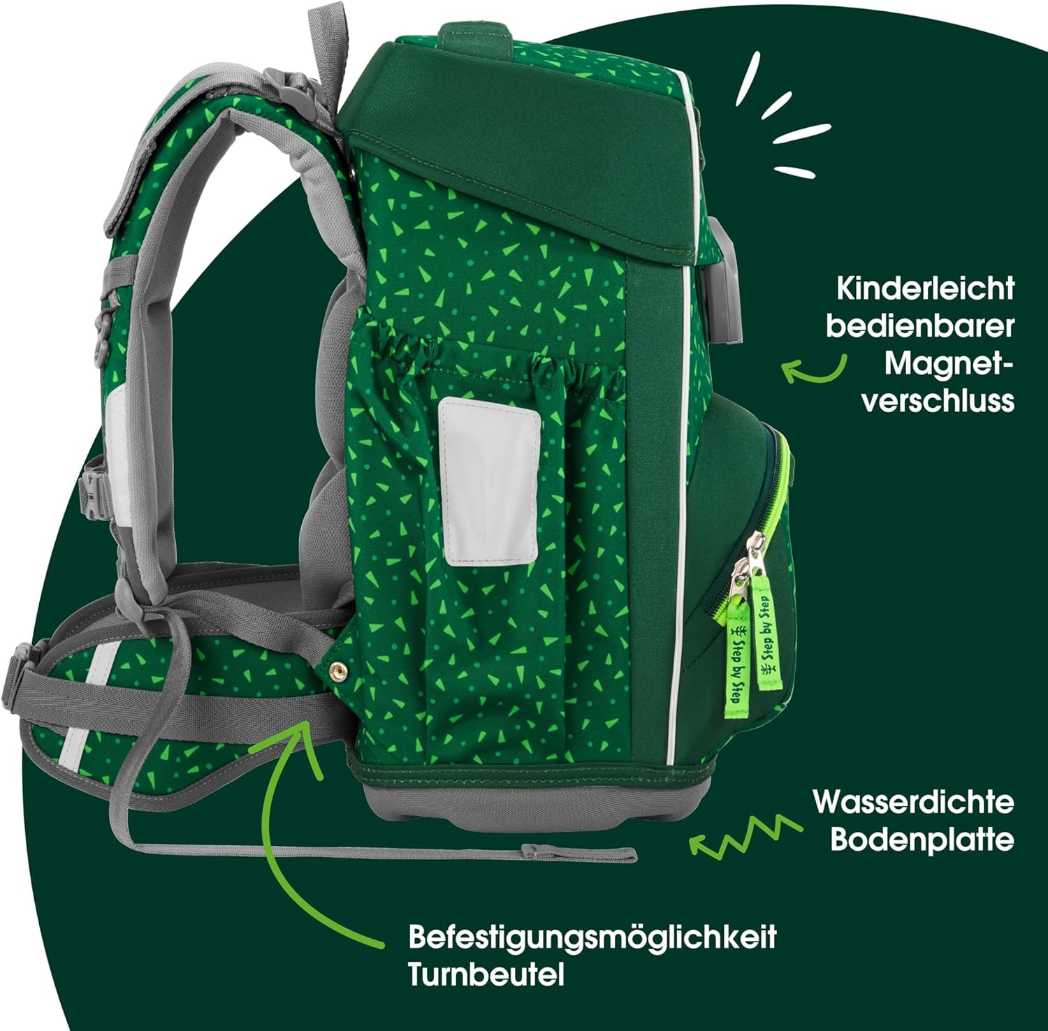 Step by Step Basis Green Graphics School Bag Set, 4 Pieces, Green, Ergonomic Satchel with Reflectors, Hip and Chest Strap, for Children from 1st Grade, 20 Litres – Bild 3