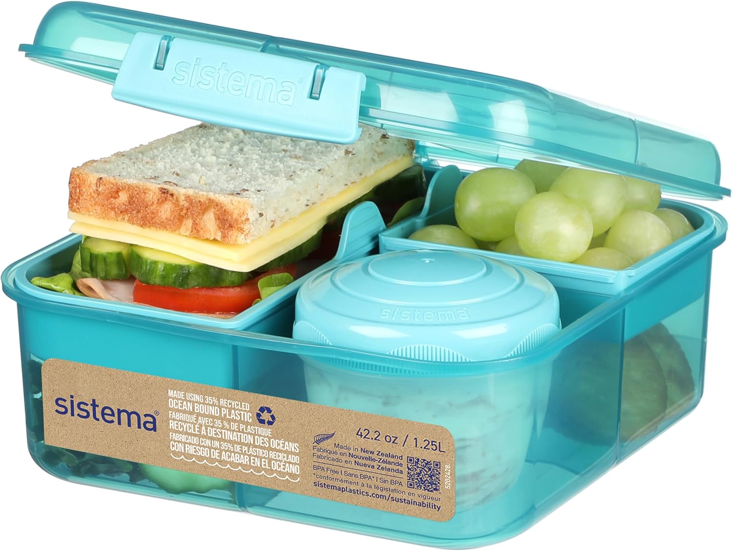 Sistema Bento Box Ocean Bound Plastic Lunch Box with Compartments, 1.25 L Lunch Box with Yoghurt/Fruit Container, Lunch Box Children and Adults, Made with Recycled Plastic, Turquoise
