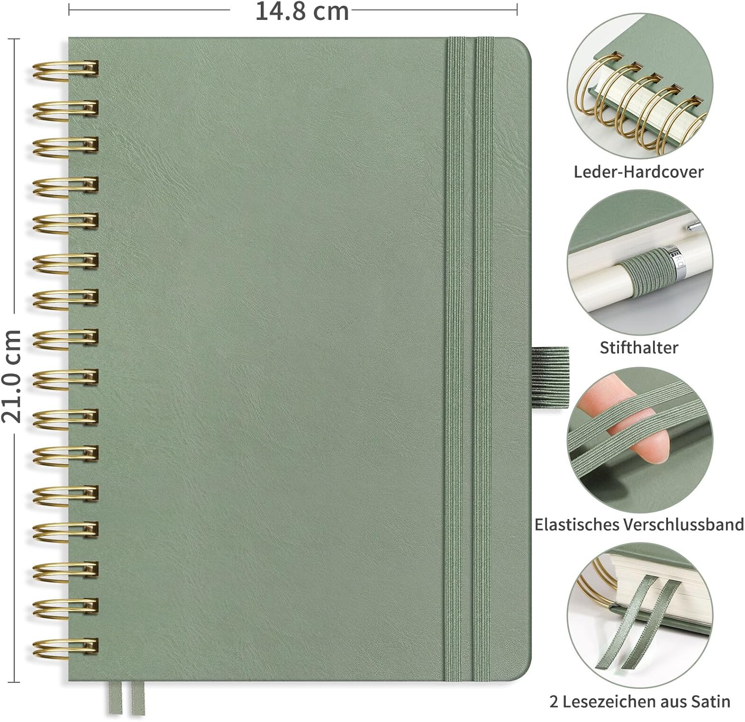 RETTACY Notebook A5 Dotted, Bullet Dot Journal with 100 g/m² Thick Paper, 150 Sheets, Notebook for Office and School, Leather Cover, Light Green, 14.8 cm x 21 cm – Bild 2