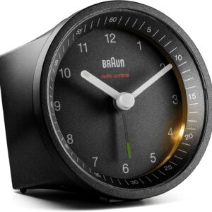 Braun BC07B-DCF Classic Analogue Radio Alarm Clock for Central European Time Zone (MEZ/GMT+1) with Snooze Function and Light Silent Clockwork Crescendo Alarm in Black