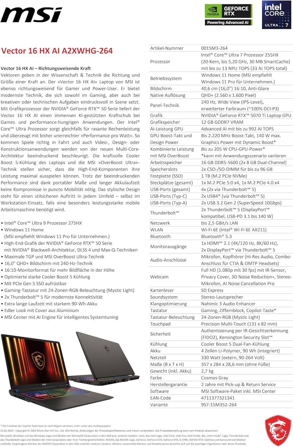 MSI Vector 16 HX AI Gaming Laptop, 16" QHD+ 240Hz Display, Intel® Core™ Ultra 7 255HX, NVIDIA GeForce RTX 5070 Ti, 16GB RAM, 1TB SSD, Windows 11 Home, QWERTZ Keyboard, Cosmos Grey, A2XWHG-264 – Bild 5
