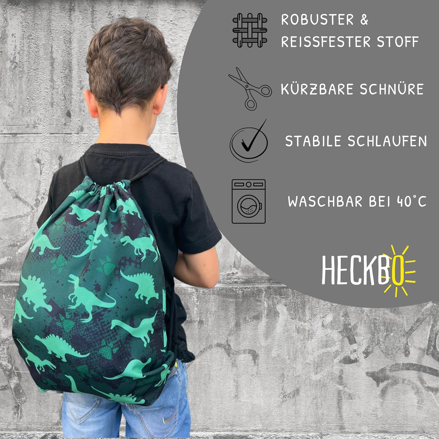 HECKBO Gym Bag Girls Boys – Dinosaur Motif – 40 x 32 cm – Nursery, Nursery, Nativity – Backpack, Bag, Sports Bag, Sports Bag, Nursery Backpack, Children's Backpack, Fabric Bag – Bild 3