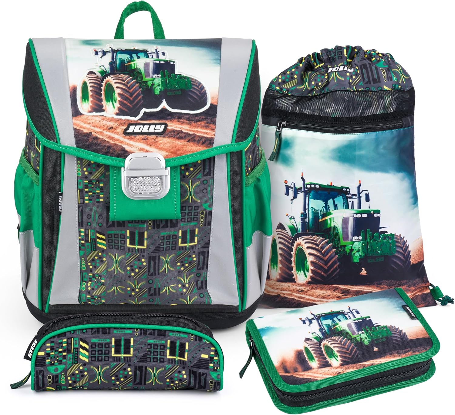 JOLLY Classic School Bag Set 46 Pieces Including Gym Bag, Shake Penal and Spring Pennal with Reflective and Child-friendly Closure, Safety Strips for Visibility