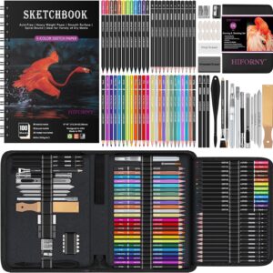 HIFORNY 176 Pieces Art Supplies, Drawing Set, 100 Sheet Sketching Set, 3 Color Sketchbook, Graphite, Charcoal, Watercolor and Metallic Pencils, Mixing Tools and More for Beginners