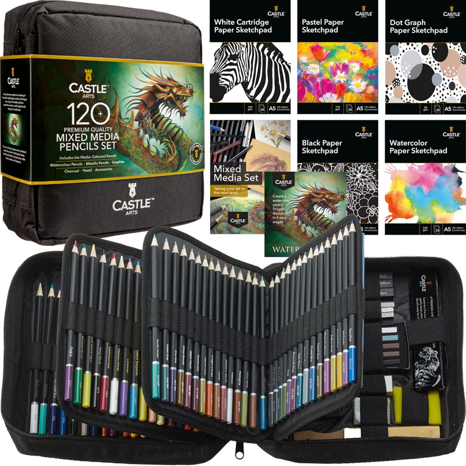Castle Art Supplies Mixed Art Pencils Set | 120+ Artist Pencils Collection - Colouring Pencils, Watercolour Pencils, Pastel Pencils, Metallic Pencils, Graphite Pencils, Charcoal Pencils, in Clear Travel Case