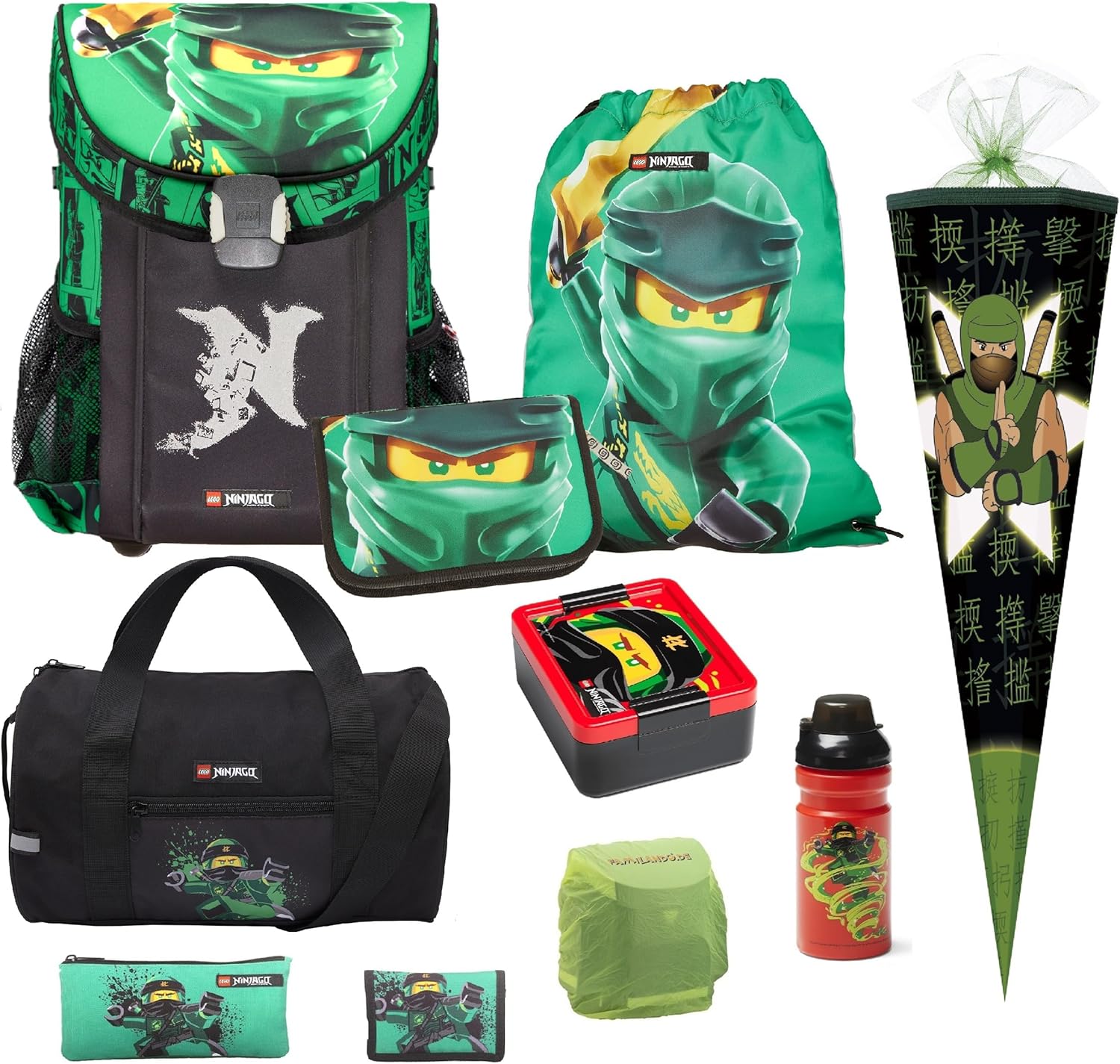 Familando Ninjago Boys' School Bag Set - With Sports Bag Can Bottle School Cone - Ergonomically Stable 790 g Lightweight 16 L Volume - Chest Strap Reflectors Rain Cover - Complete Set 1st Class Primary School