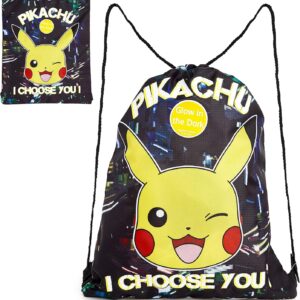 Pokemon Children's Gym Bag, Black Bag Backpack with Pikachu, Glow in the Dark Backpack Bag, Gym, Festival and Swimming Gym Bag with Drawstring, Shoe Bag Sport Large