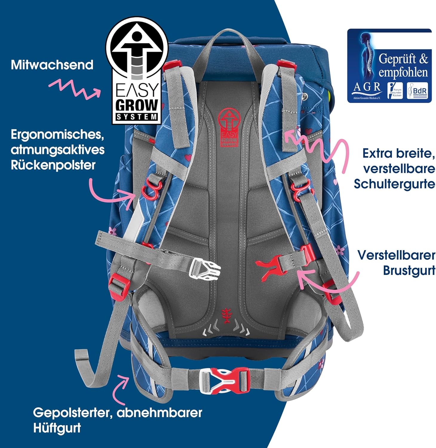 Step by Step Giant Horse Lima School Bag Set, Blue, Ergonomic Satchel with Reflectors, Height Adjustable with Hip and Chest Strap, for Girls from 1st Grade, 23 Litres – Bild 4