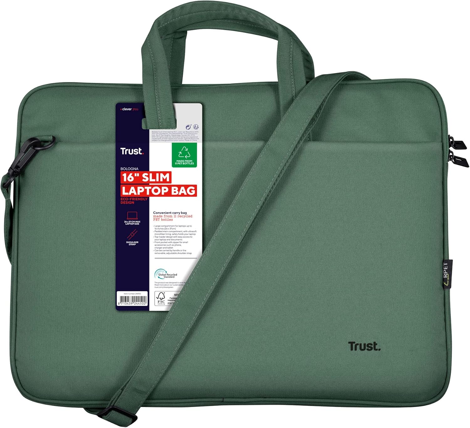 Trust Bologna Slim Laptop Eco Bag up to 16 Inches, Made of Recycled Plastic, with Shoulder Strap, Sustainable Shoulder Bag for Travel, Business, Office, School - Green – Bild 14