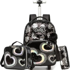 HTgroce Trolley Backpack with Wheels, Pencil Case, Lunch Bag, 3-in-1 Lightweight Rolling School Bag for Girls, School Bags Trolley Sets, Black Heart