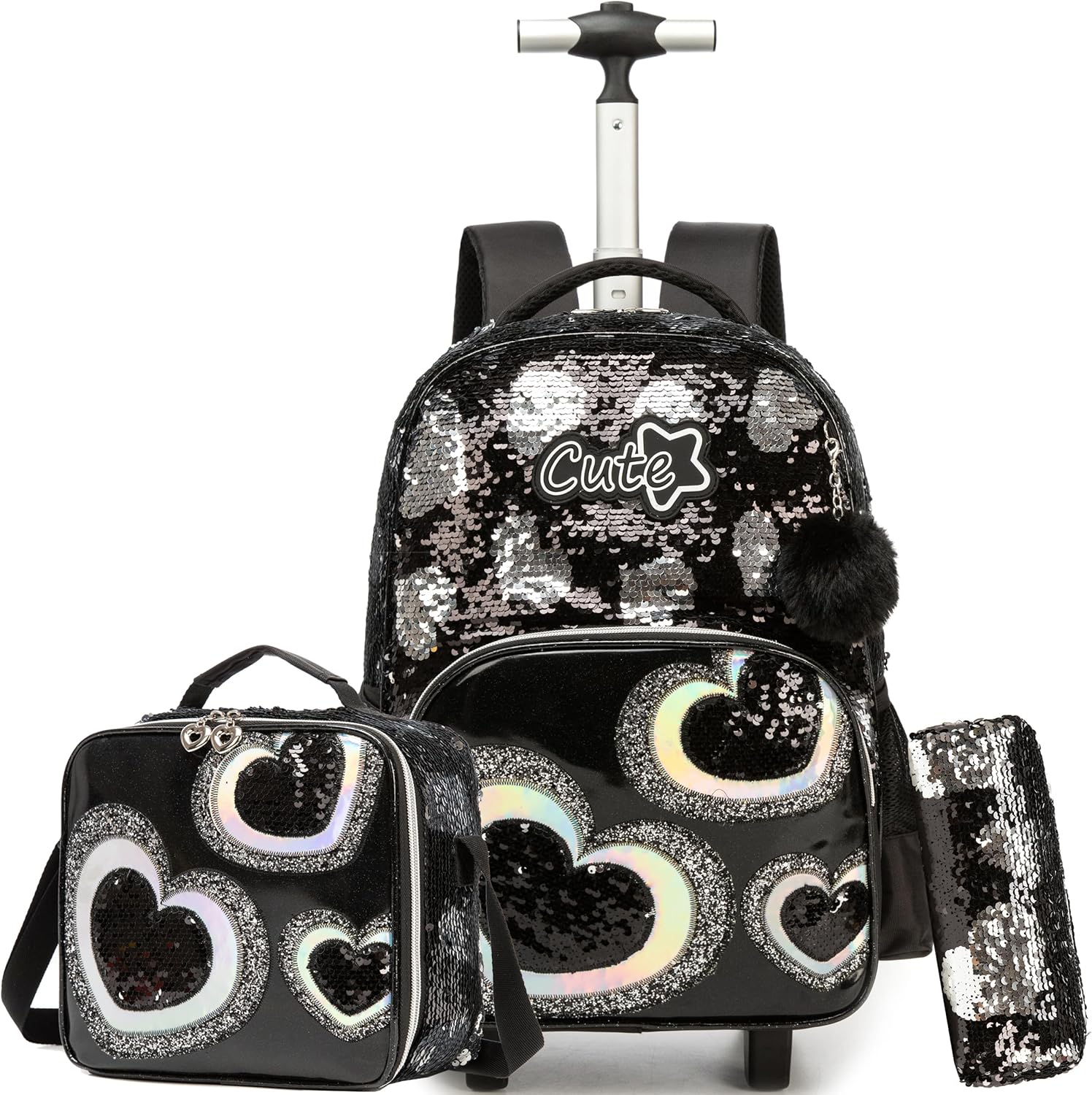 HTgroce Trolley Backpack with Wheels, Pencil Case, Lunch Bag, 3-in-1 Lightweight Rolling School Bag for Girls, School Bags Trolley Sets, Black Heart